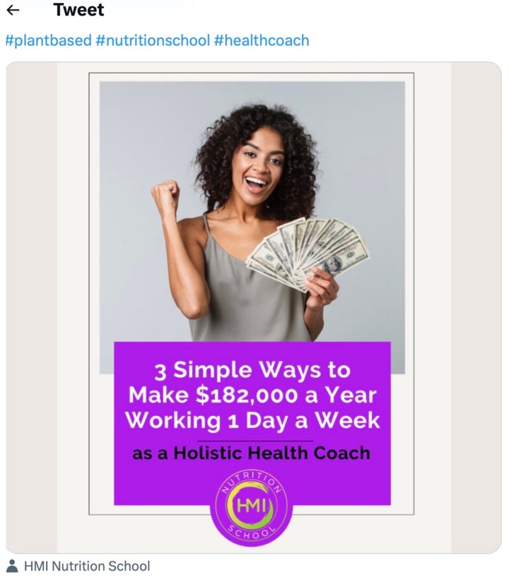 HMI Nutrition School ad: “3 Simple Ways to Make $182,000 a Year Working 1 Day a Week as a Holistic Health Coach.”