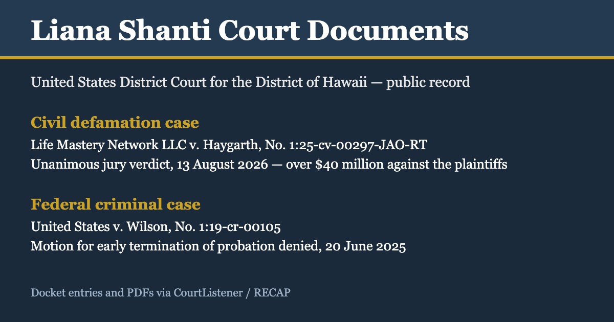 Liana Shanti court documents: federal defamation verdict and criminal case summary card