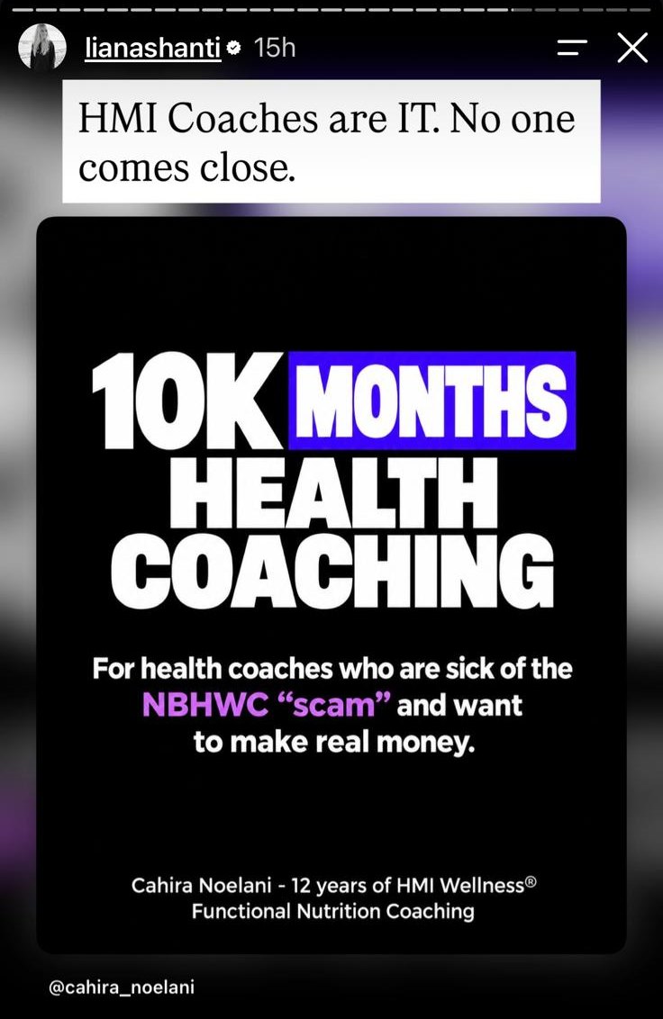 HMI Wellness “10K Months Health Coaching” ad on the @lianashanti Instagram story, October 18, 2026