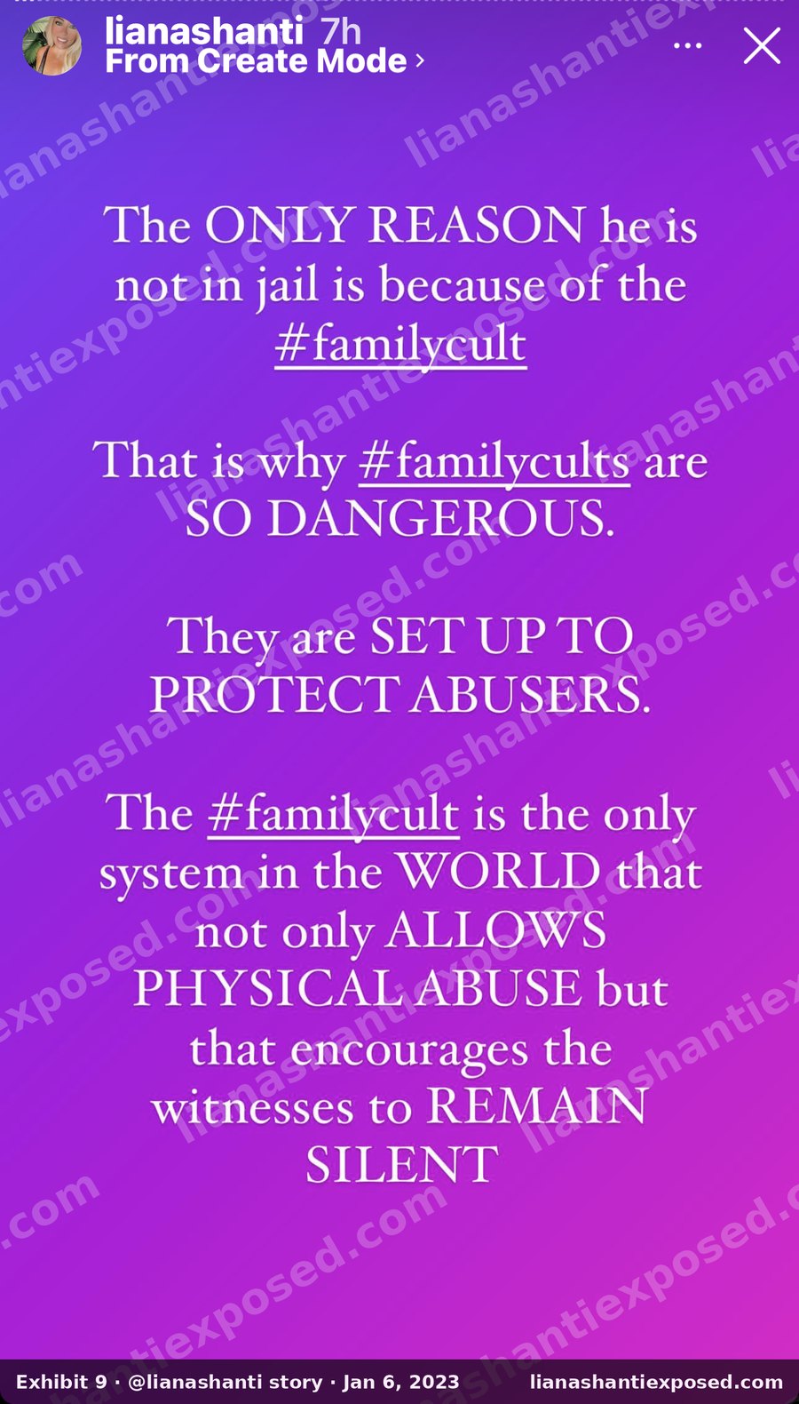 Instagram story by lianashanti, January 6, 2023: "The ONLY REASON he is not in jail is because of the #familycult ... They are SET UP TO PROTECT ABUSERS."