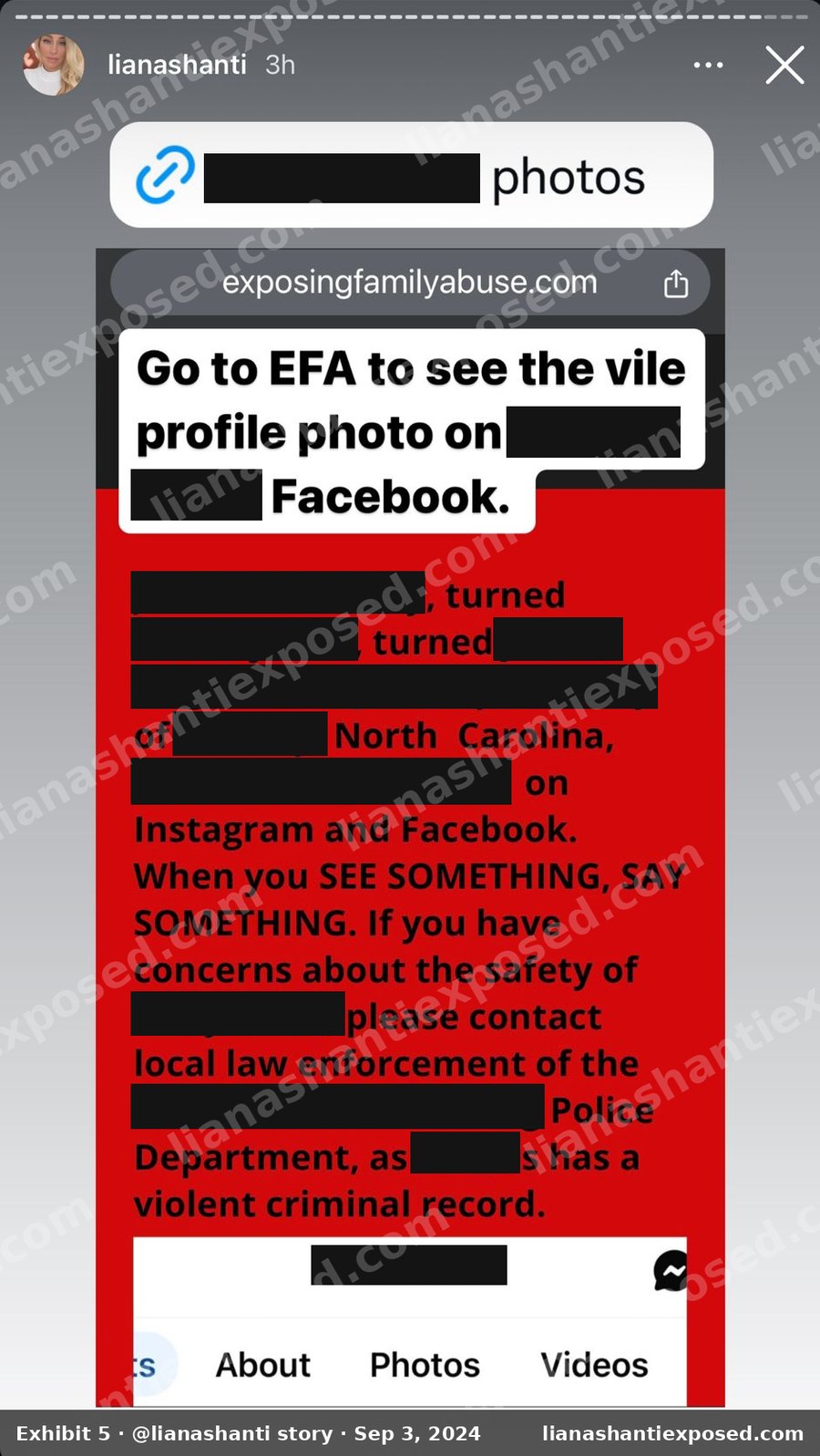 Liana Shanti Instagram story, September 3, 2024, linking to exposingfamilyabuse.com and naming a former member, her business and town, and urging followers to contact police about her daughter. All names and places redacted.