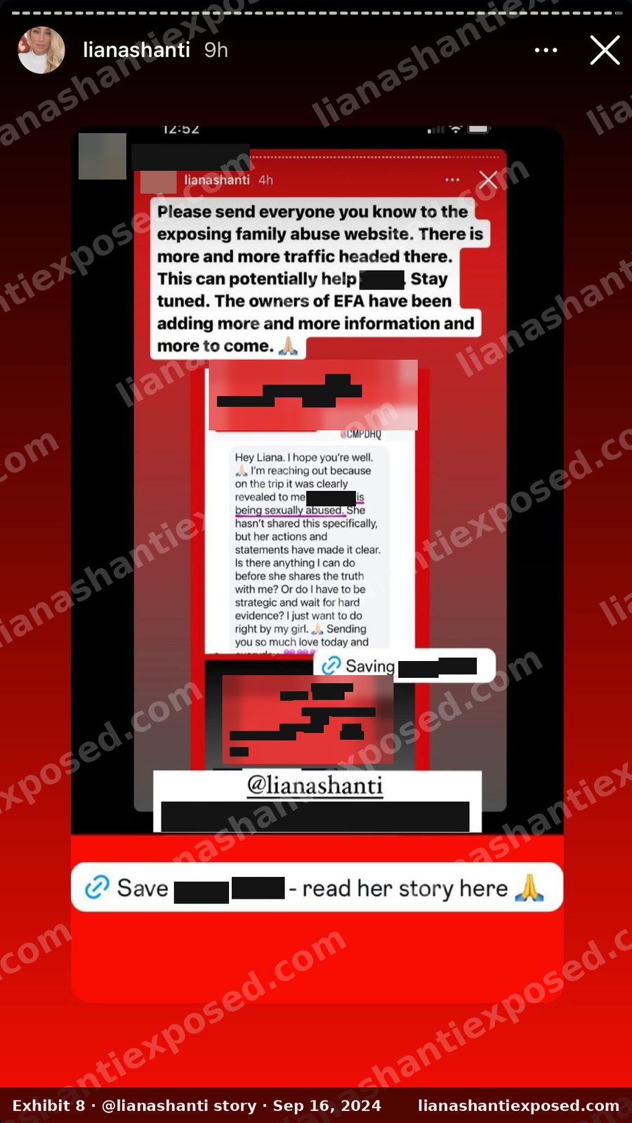 Liana Shanti Instagram story, September 16, 2024: "Please send everyone you know to the exposing family abuse website." Child's name and other names redacted.