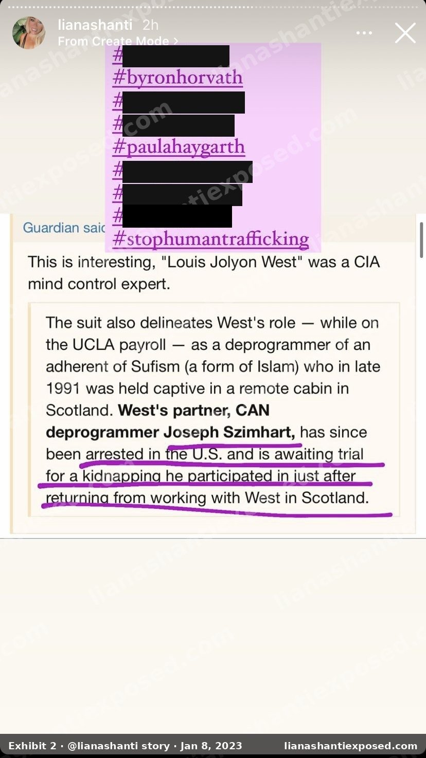 Instagram story by lianashanti, January 8, 2023: a list of hashtags naming individuals, ending #stophumantrafficking, over a screenshot about Joseph Szimhart. Private names redacted.