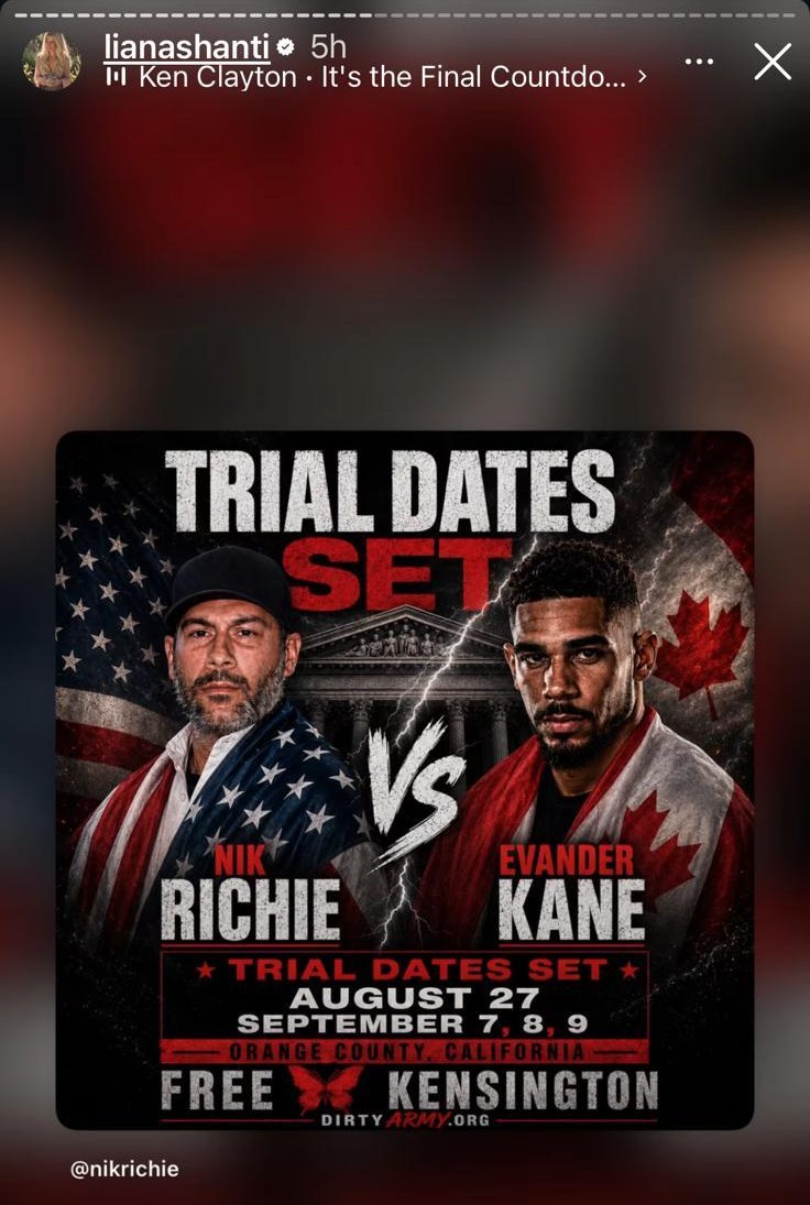 Instagram story posted by lianashanti in July 2026 reposting a Trial Dates Set graphic for an unrelated California case, shown on the Liana Shanti verdict page