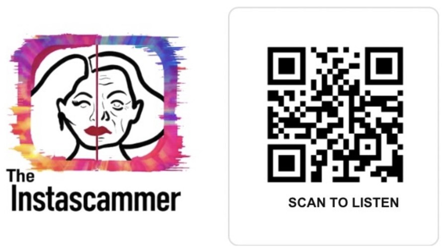 The Instascammer podcast logo and QR code to listen to the 11-part investigative series
