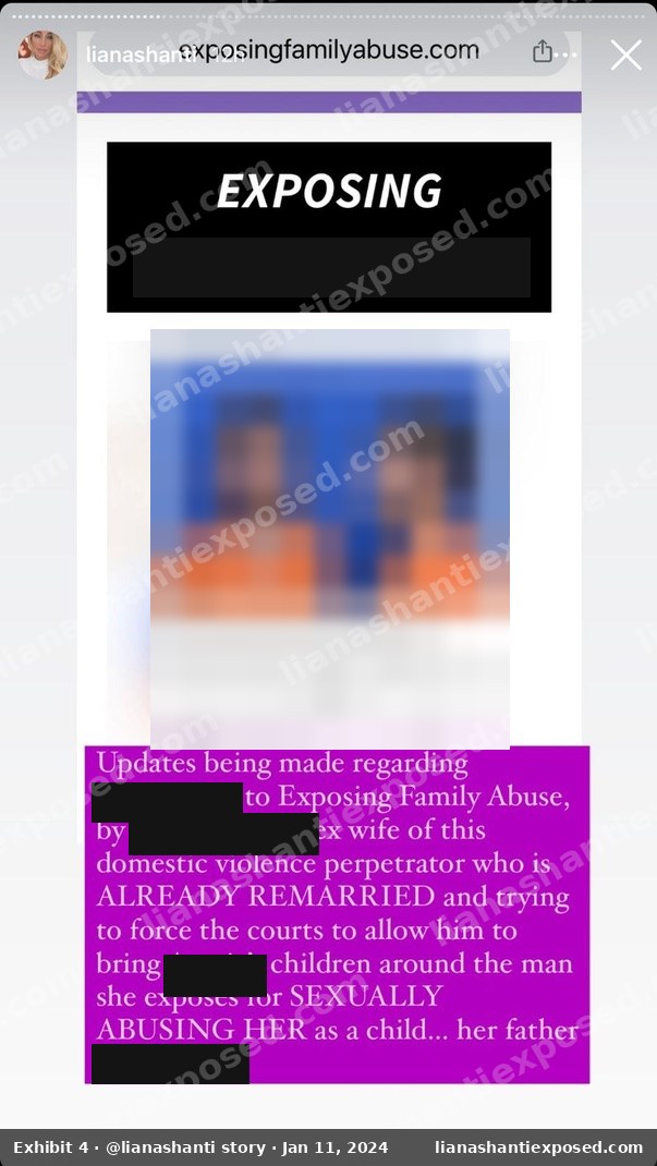 Instagram story by lianashanti, January 11, 2024, sharing an Exposing Family Abuse web page about T.J. Names redacted; booking photograph blurred.