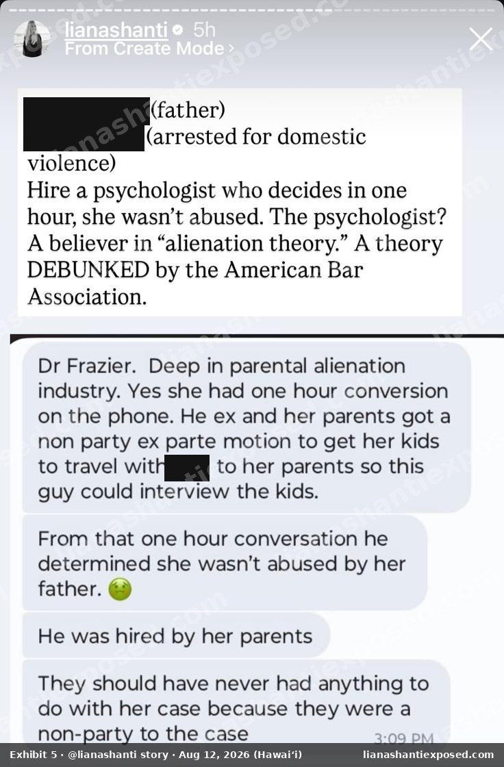 Instagram story by lianashanti, live on the morning of the verdict: two names redacted, followed by an attack on the court-appointed psychologist in the Montana case.