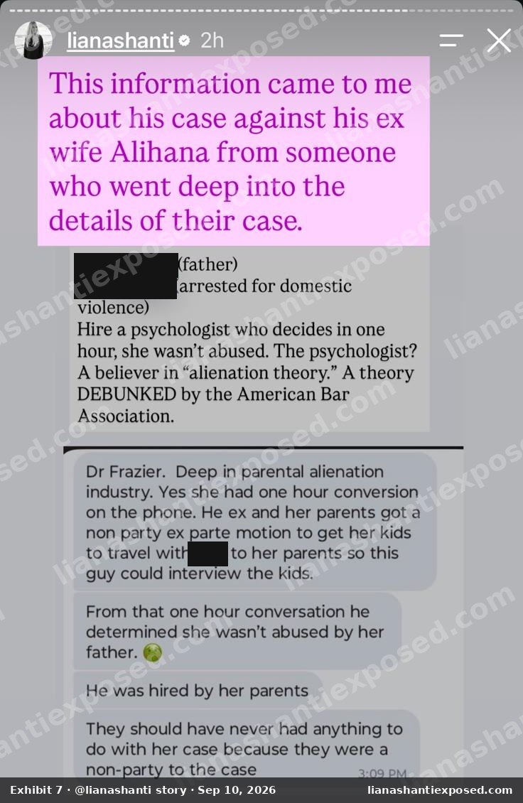 Instagram story by lianashanti, September 10, 2026, repeating the attack on the Montana psychologist. Names redacted.