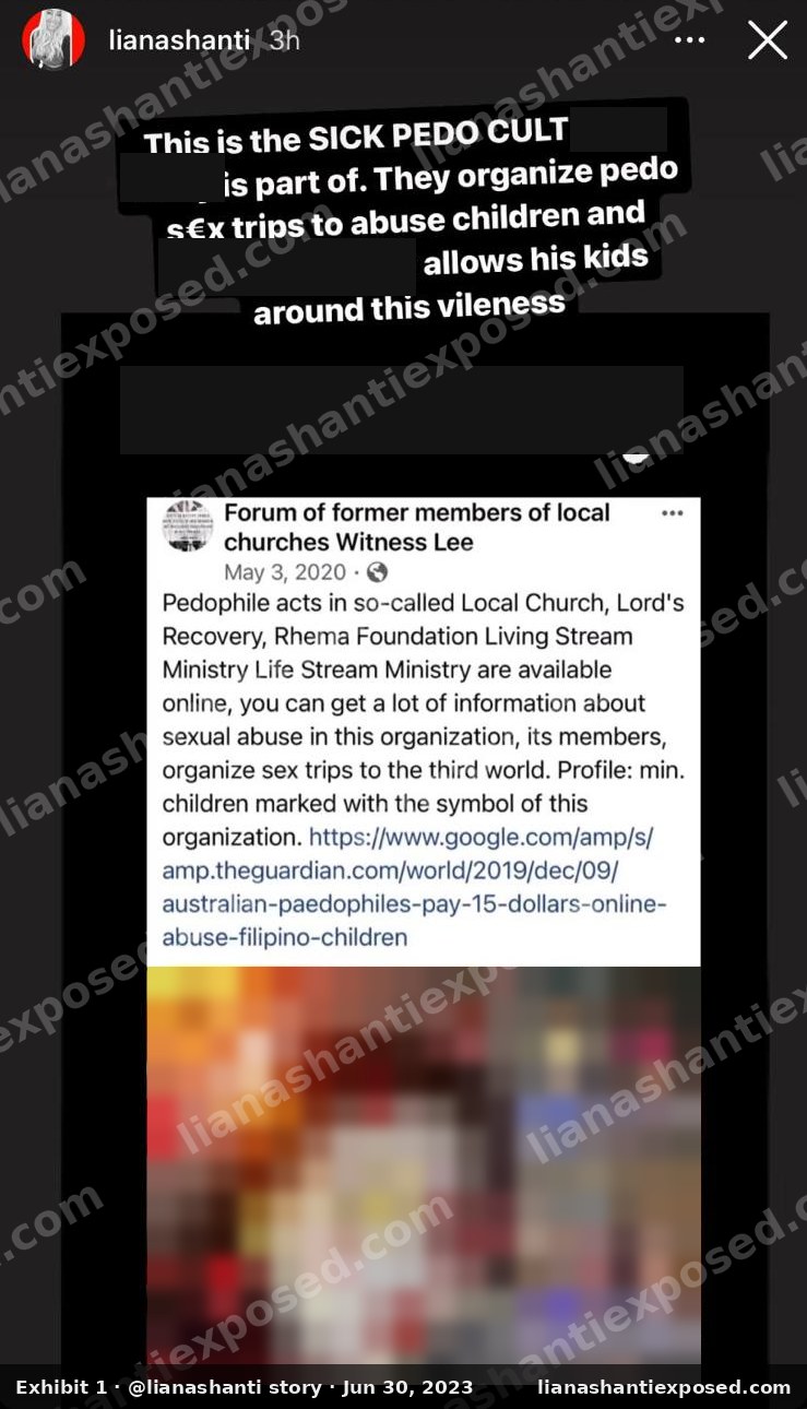 Instagram story by lianashanti, June 2023, calling a redacted man part of a "SICK PEDO CULT". Names redacted; photographs blurred.