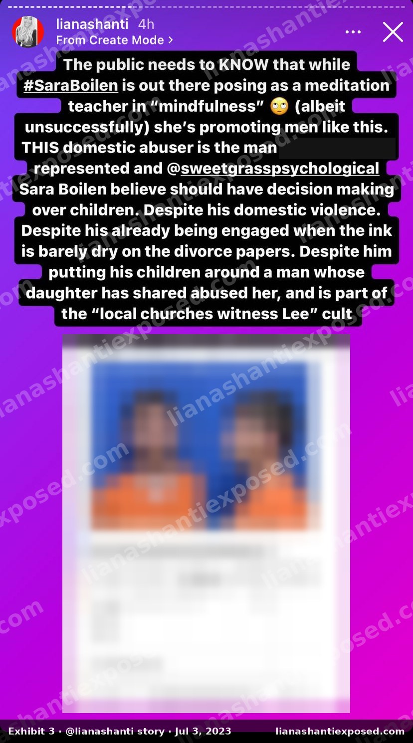 Instagram story by lianashanti, July 2023, attacking Dr. Sara Boilen, the court-appointed psychologist in the Montana case. Booking photograph blurred.